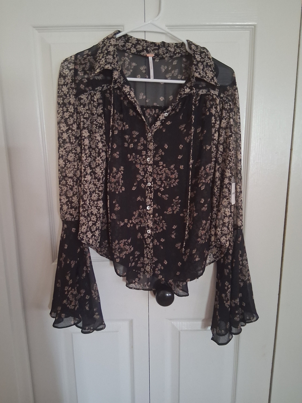 Free People Black Sheer Floral Button-Front Blouse